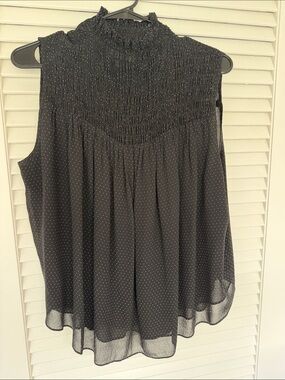 FRAME Black Smocked Mock-Neck silk Sleeveless Top